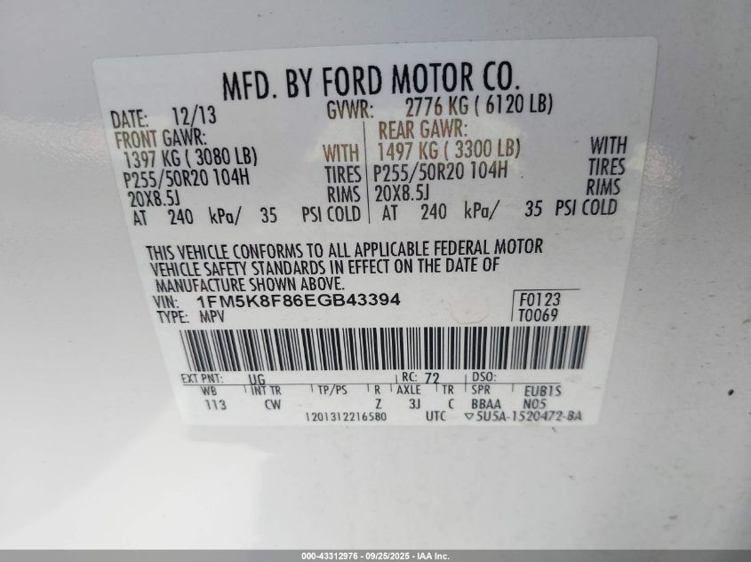 2014 Ford Explorer Limited VIN: 1FM5K8F86EGB43394 Lot: 43312976