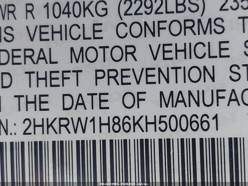 2019 Honda Cr-V Ex-L VIN: 2HKRW1H86KH500661 Lot: 43312980