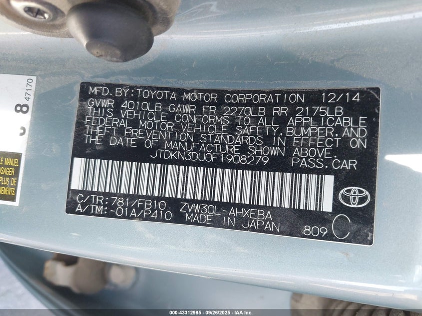 2015 TOYOTA PRIUS TWO - JTDKN3DU0F1908279