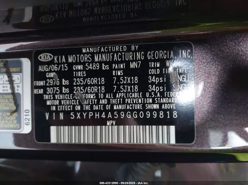 2016 Kia Sorento 3.3L Ex VIN: 5XYPH4A59GG099818 Lot: 43312990