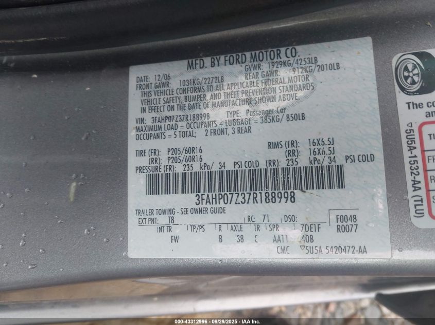 2007 Ford Fusion Se VIN: 3FAHP07Z37R188998 Lot: 43312996