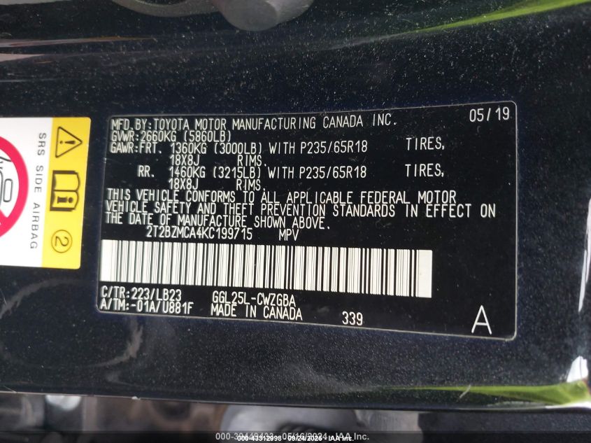 2019 Lexus Rx 350 VIN: 2T2BZMCA4KC199715 Lot: 43312998