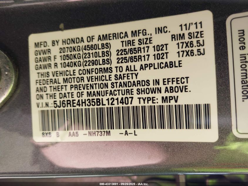 2011 Honda Cr-V Lx VIN: 5J6RE4H35BL121407 Lot: 43313001