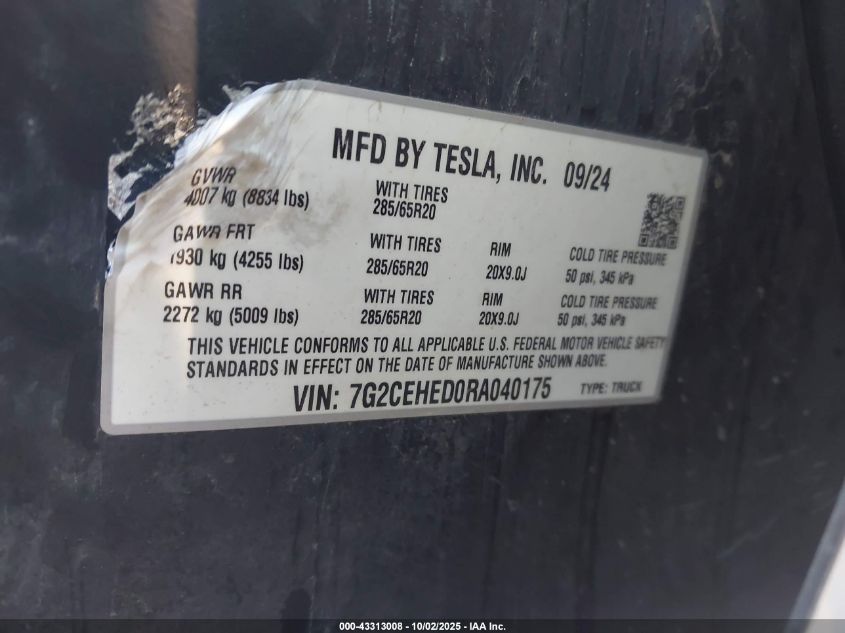 2024 Tesla Cybertruck All-Wheel Drive VIN: 7G2CEHED0RA040175 Lot: 43313008