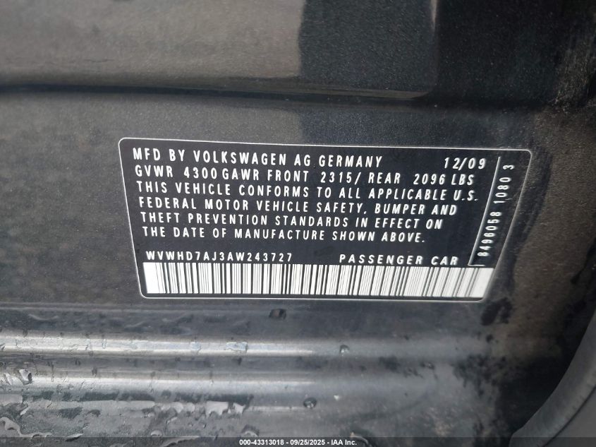 2010 Volkswagen Gti 4-Door VIN: WVWHD7AJ3AW243727 Lot: 43313018