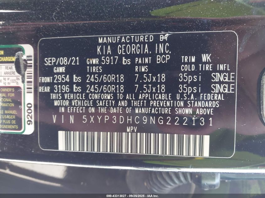 2022 Kia Telluride Ex VIN: 5XYP3DHC9NG222131 Lot: 43313027