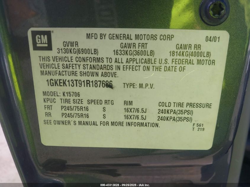 2001 GMC Yukon Slt VIN: 1GKEK13T91R187686 Lot: 43313028