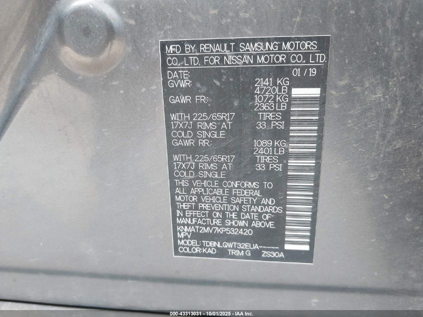 2019 Nissan Rogue Sv VIN: KNMAT2MV7KP532420 Lot: 43313031