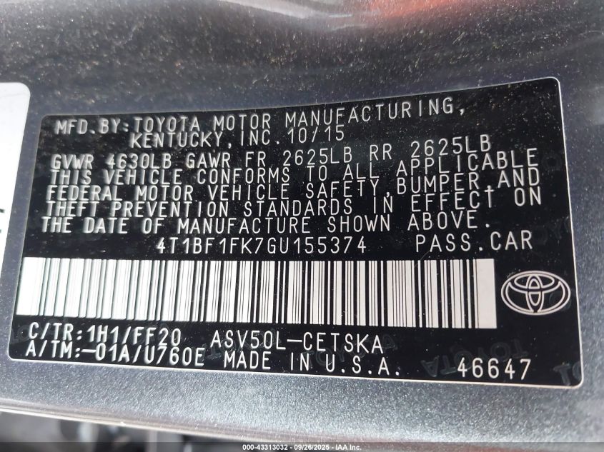 2016 Toyota Camry Se VIN: 4T1BF1FK7GU155374 Lot: 43313032