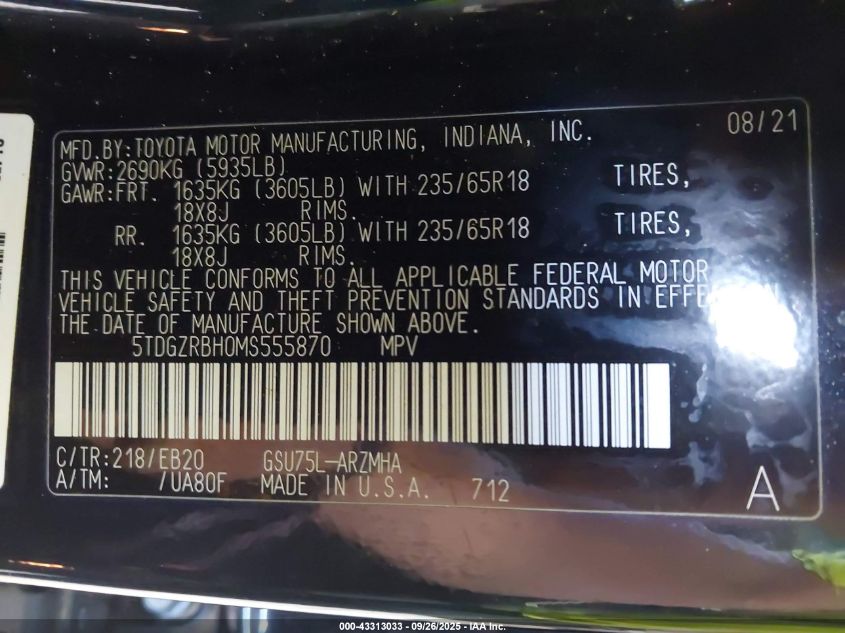 2021 Toyota Highlander Xle VIN: 5TDGZRBH0MS555870 Lot: 43313033