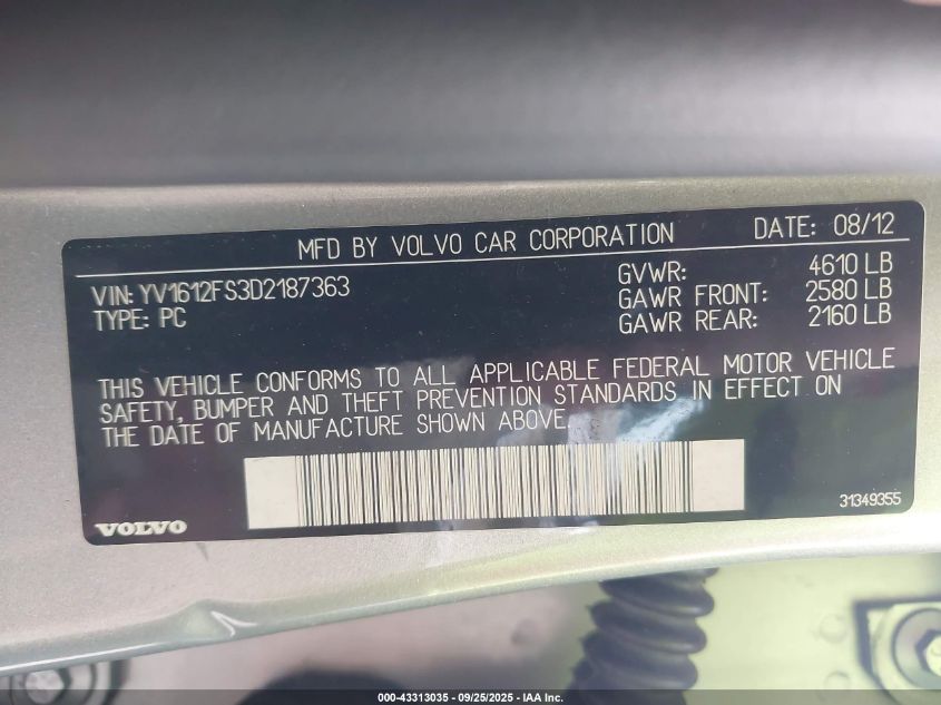 2013 Volvo S60 T5/T5 Platinum/T5 Premier/T5 Premier Plus VIN: YV1612FS3D2187363 Lot: 43313035