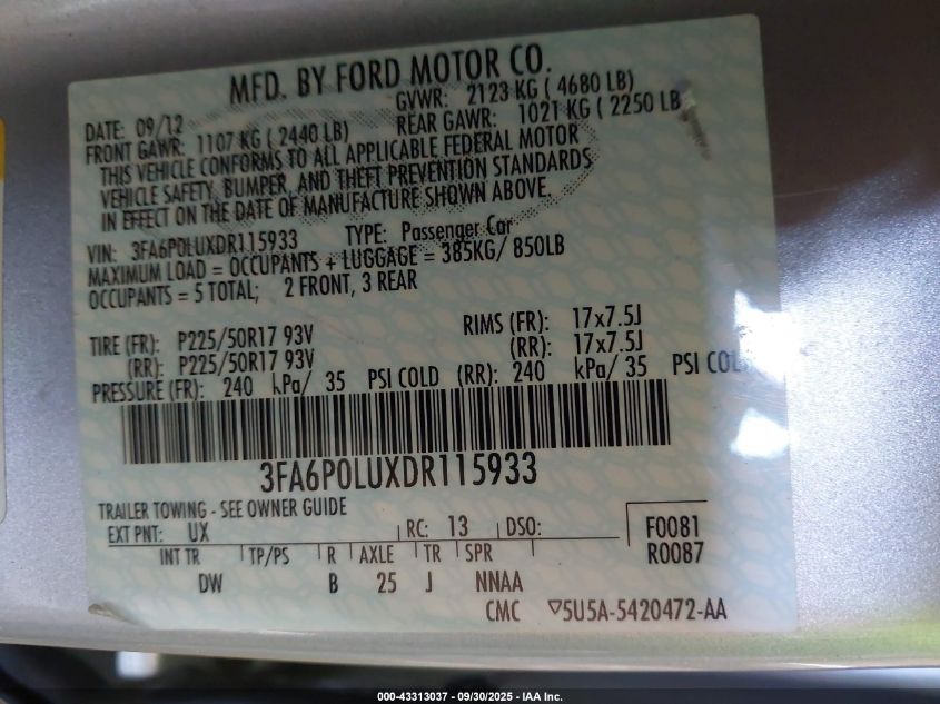 2013 Ford Fusion Hybrid Se VIN: 3FA6P0LUXDR115933 Lot: 43313037