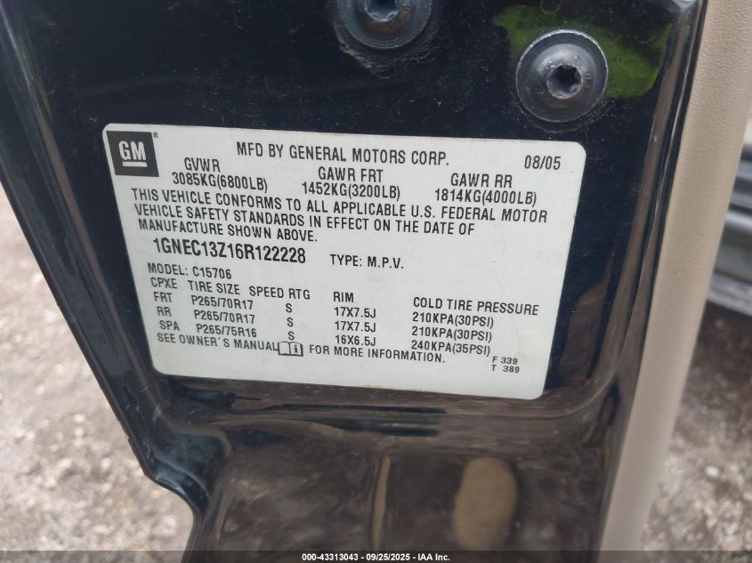 2006 Chevrolet Tahoe Z71 VIN: 1GNEC13Z16R122228 Lot: 43313043