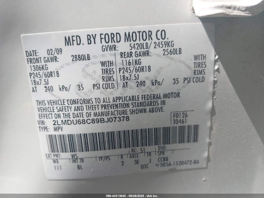 2009 Lincoln Mkx VIN: 2LMDU68C89BJ07378 Lot: 43313045