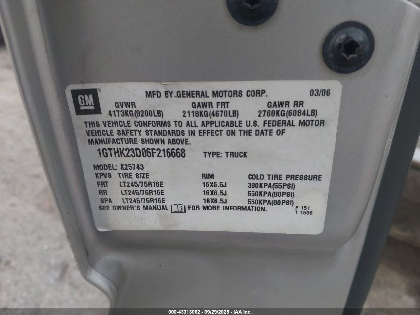 2006 GMC Sierra 2500Hd Sle1 VIN: 1GTHK23D06F216668 Lot: 43313062