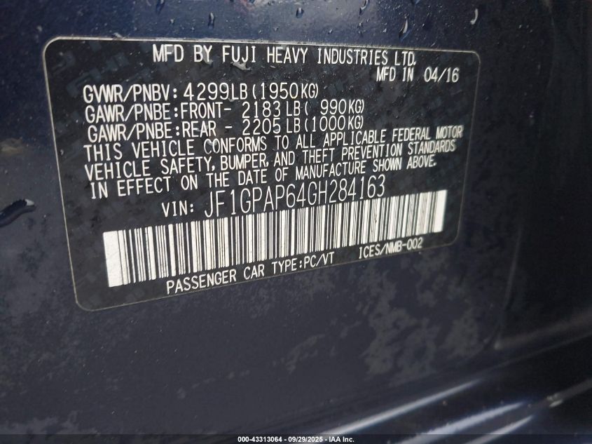 2016 Subaru Impreza 2.0I Sport Premium VIN: JF1GPAP64GH284163 Lot: 43313064