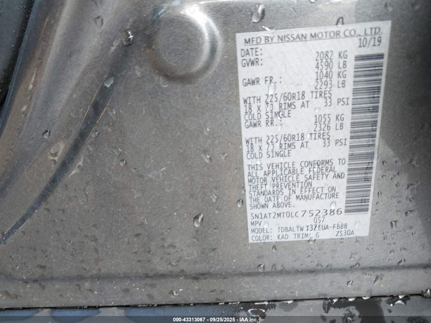 2020 Nissan Rogue Sv Fwd VIN: 5N1AT2MT0LC752386 Lot: 43313067