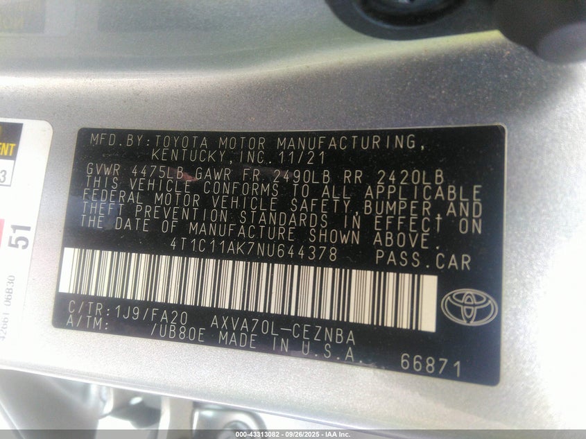 2022 TOYOTA CAMRY LE - 4T1C11AK7NU644378