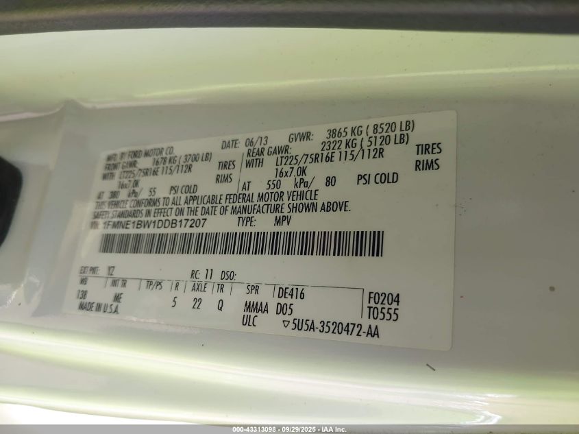 2013 Ford E-150 Xlt VIN: 1FMNE1BW1DDB17207 Lot: 43313098