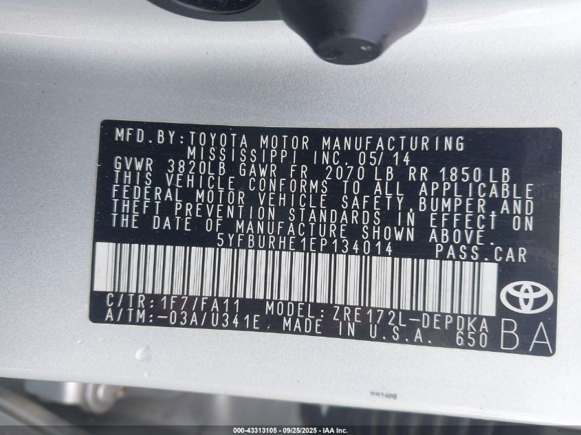 2014 Toyota Corolla L VIN: 5YFBURHE1EP134014 Lot: 43313105