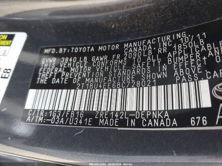 2011 Toyota Corolla Le VIN: 2T1BU4EE6BC728021 Lot: 43313102