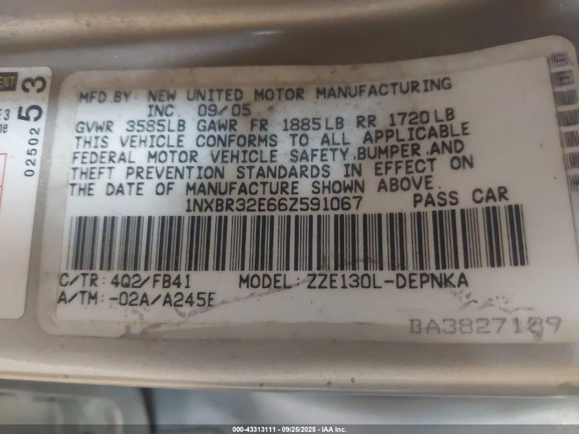 2006 Toyota Corolla Le VIN: 1NXBR32E66Z591067 Lot: 43313111