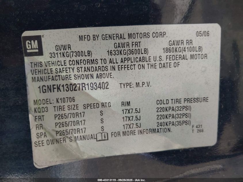 2007 Chevrolet Tahoe Lt VIN: 1GNFK13027R193402 Lot: 43313119