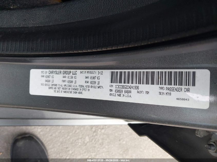 2012 Chrysler 200 Touring VIN: 1C3CCBBG2CN241936 Lot: 43313139