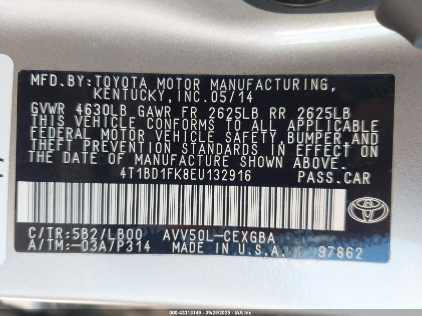 2014 Toyota Camry Hybrid Xle VIN: 4T1BD1FK8EU132916 Lot: 43313149