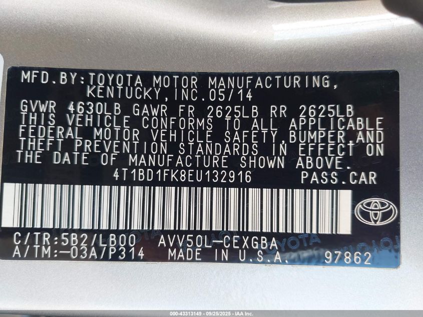 2014 Toyota Camry Hybrid Xle VIN: 4T1BD1FK8EU132916 Lot: 43313149