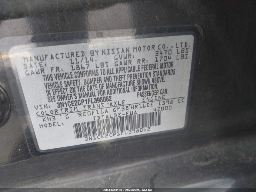 2015 Nissan Versa Note Sv VIN: 3N1CE2CP1FL398062 Lot: 43313150