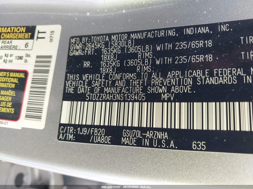 2022 TOYOTA HIGHLANDER LE 5TDZZRAH3NS139405