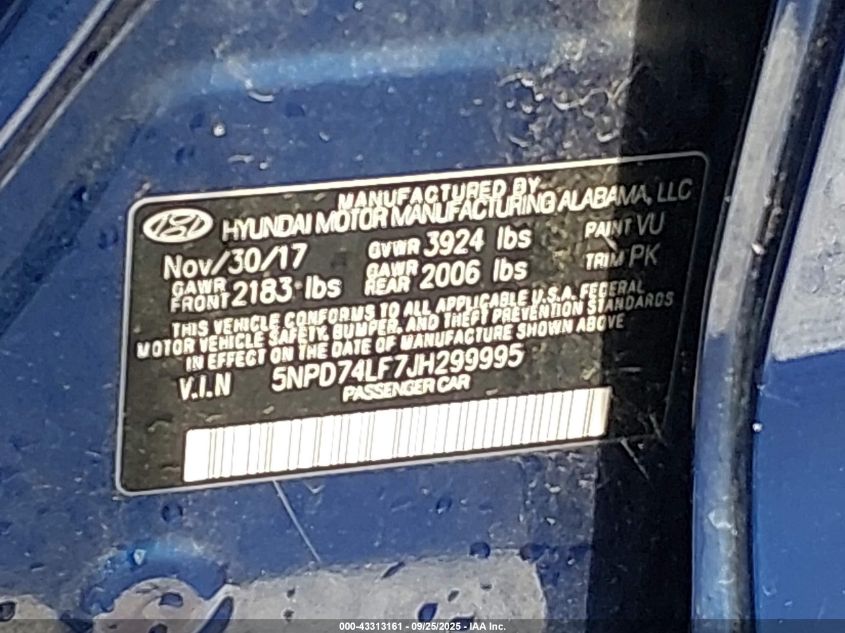 2018 Hyundai Elantra Se VIN: 5NPD74LF7JH299995 Lot: 43313161