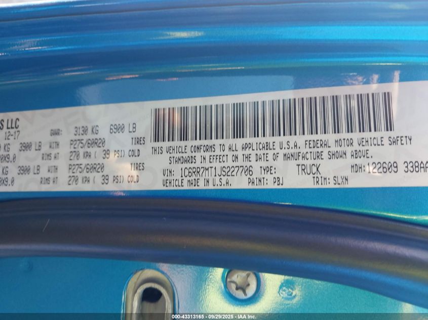 2018 Ram 1500 Sport 4X4 5'7 Box VIN: 1C6RR7MT1JS227706 Lot: 43313165
