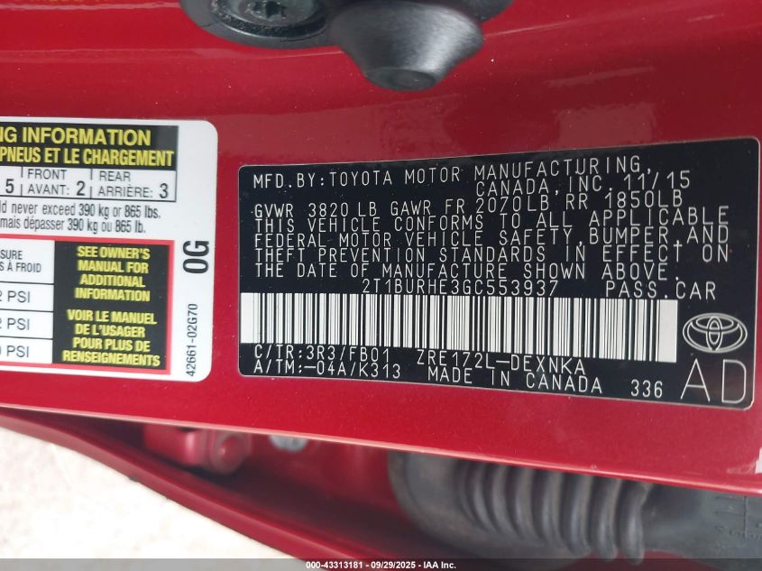 2016 Toyota Corolla Le VIN: 2T1BURHE3GC553937 Lot: 43313181