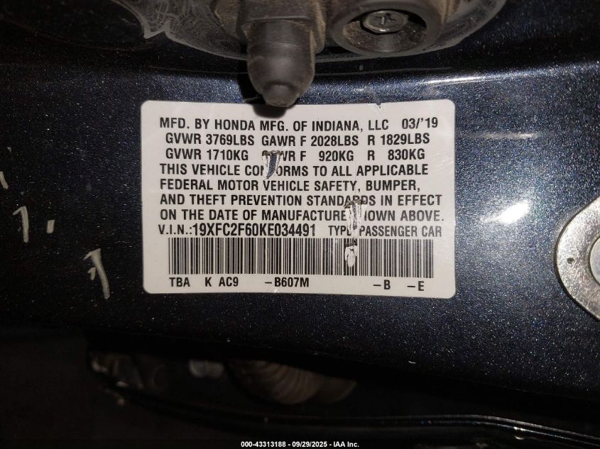 2019 Honda Civic Lx VIN: 19XFC2F60KE034491 Lot: 43313188