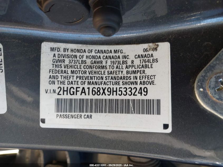 2009 Honda Civic Ex VIN: 2HGFA168X9H533249 Lot: 43313201