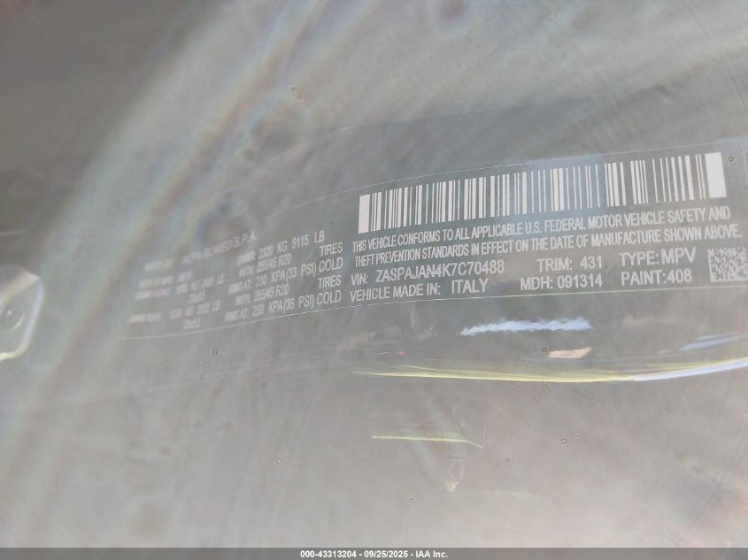 2019 Alfa Romeo Stelvio Rwd VIN: ZASPAJAN4K7C70488 Lot: 43313204