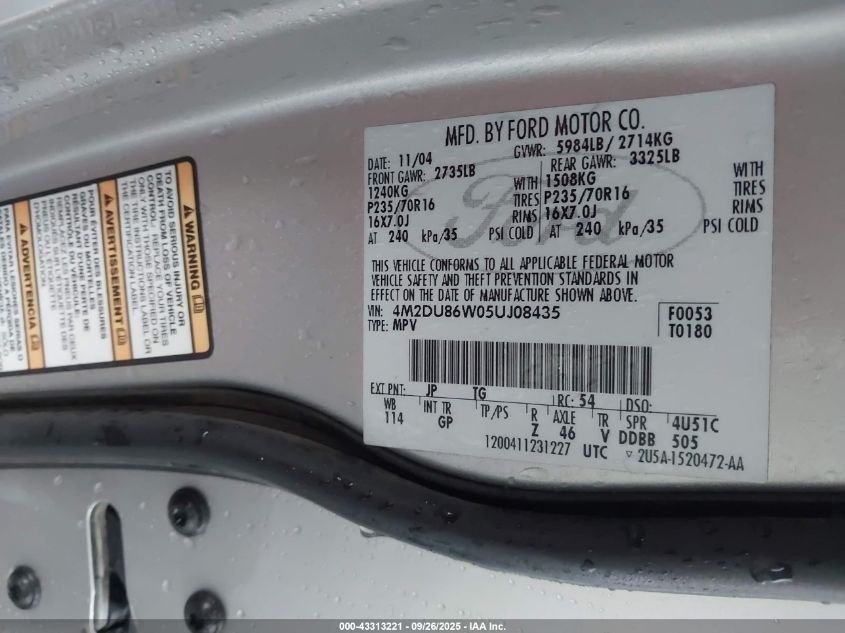 2005 Mercury Mountaineer VIN: 4M2DU86W05UJ08435 Lot: 43313221