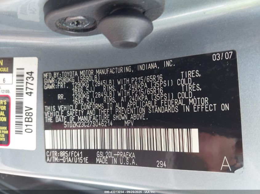 2007 Toyota Sienna Le VIN: 5TDZK23C27S046214 Lot: 43313234