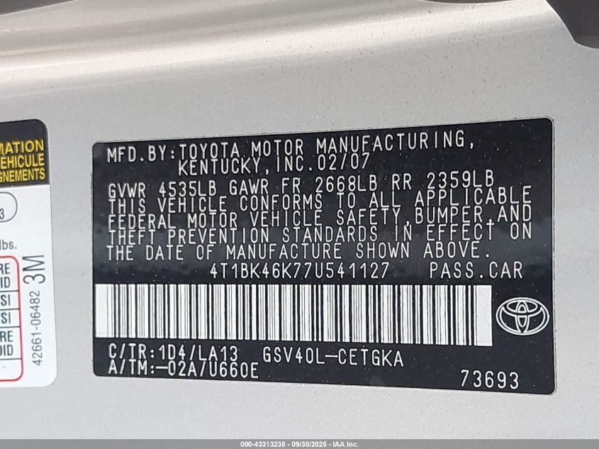 2007 Toyota Camry Xle V6 VIN: 4T1BK46K77U541127 Lot: 43313238