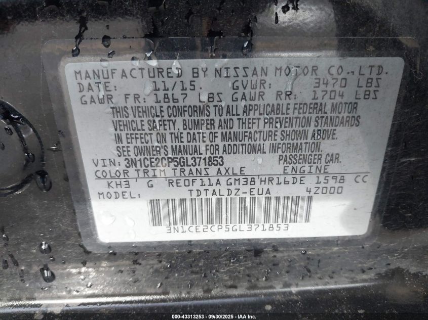 2016 Nissan Versa Note S (Sr)/S Plus/Sl/Sr/Sv VIN: 3N1CE2CP5GL371853 Lot: 43313253