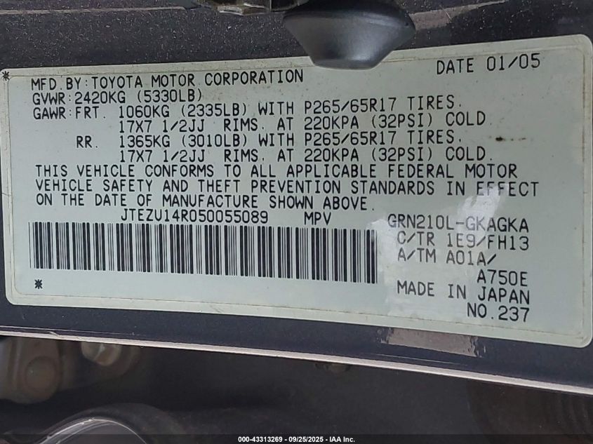 2005 Toyota 4Runner Sr5 Sport V6 VIN: JTEZU14R050055089 Lot: 43313269