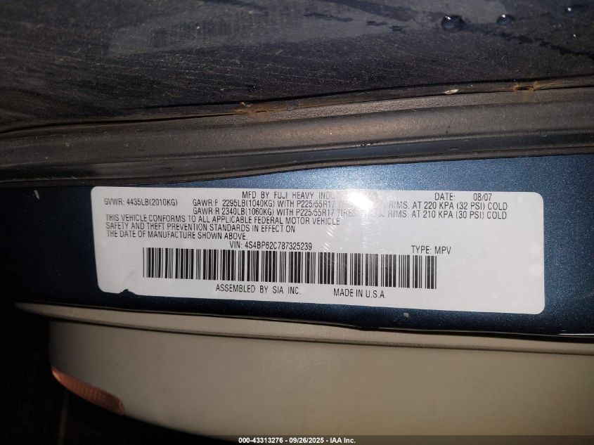 2008 Subaru Outback 2.5I Limited/2.5I Limited L.l. Bean Edition VIN: 4S4BP62C787325239 Lot: 43313276