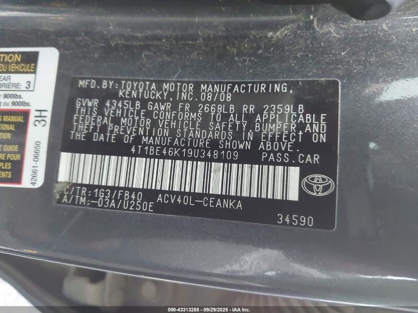 2009 Toyota Camry Le VIN: 4T1BE46K19U348109 Lot: 43313288