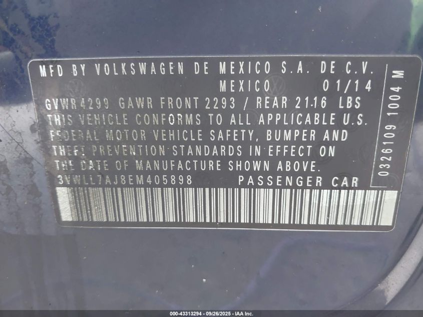 2014 Volkswagen Jetta 2.0L Tdi VIN: 3VWLL7AJ8EM405898 Lot: 43313294