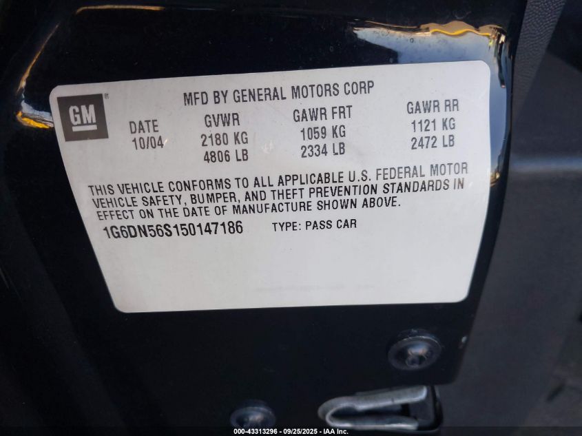 2005 Cadillac Cts-V VIN: 1G6DN56S150147186 Lot: 43313296