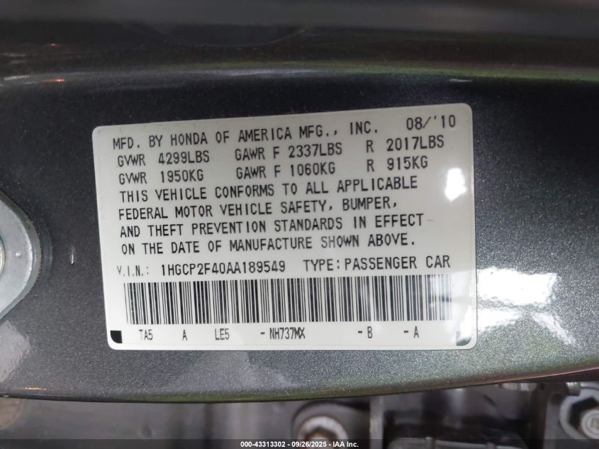 2010 Honda Accord 2.4 Lx-P VIN: 1HGCP2F40AA189549 Lot: 43313302
