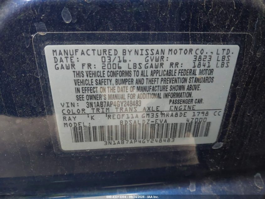 2016 Nissan Sentra Sv VIN: 3N1AB7AP4GY248483 Lot: 43313304