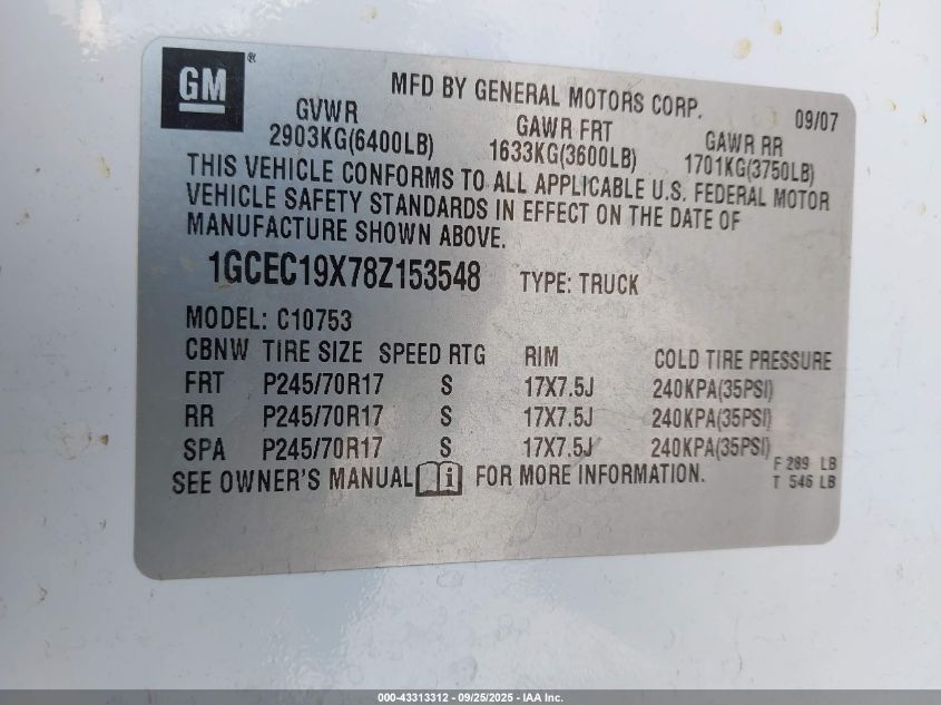 2008 Chevrolet Silverado 1500 Work Truck VIN: 1GCEC19X78Z153548 Lot: 43313312